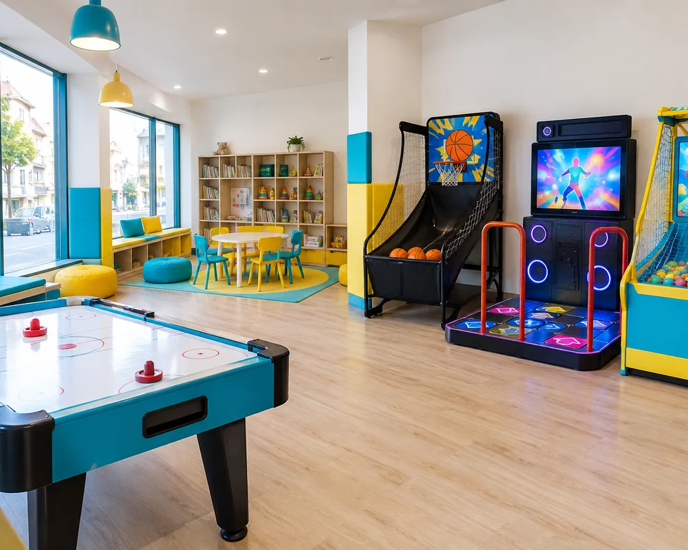 Canto de arcadas com mesa de hóquei de ar, cesto de basquetebol, tapete de dança e máquina de lançar bolas
