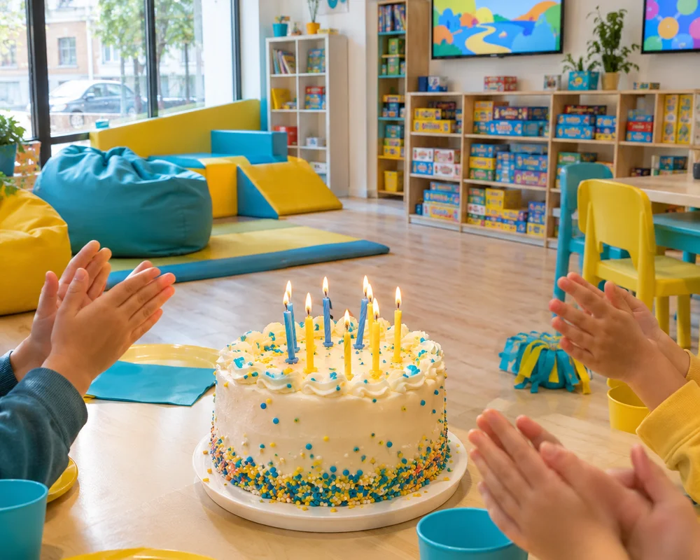 Bolo de aniversário branco com velas acesas e confetes turquesa e amarelos, rodeado de crianças a bater palmas