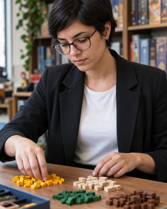 Monitora de jogos de óculos a separar peças de madeira coloridas numa mesa