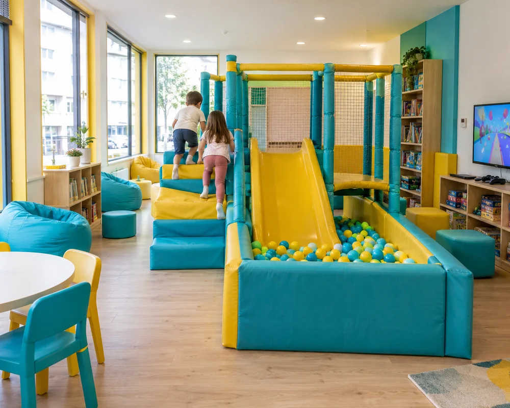 Estrutura de soft-play com escorrega amarelo, degraus macios e piscina de bolas