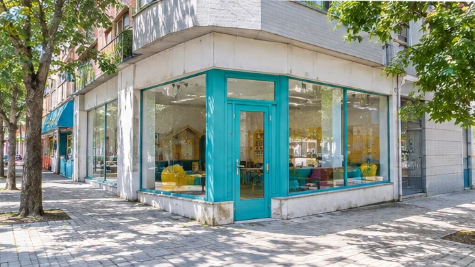 Fachada do Centro Lúdico na avenida, com caixilharia turquesa e montras para a rua