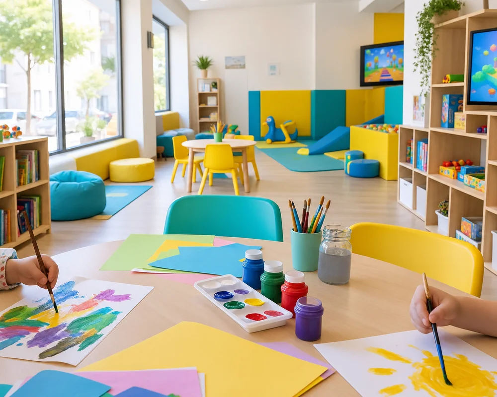 Mesa da oficina de artes com folhas, pincéis e tintas, e duas crianças a pintar