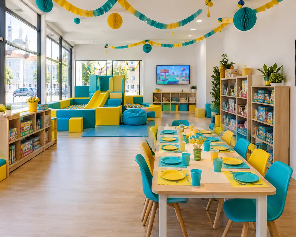 Sala de festas com mesa comprida posta com pratos e copos turquesa e amarelos e grinaldas no teto