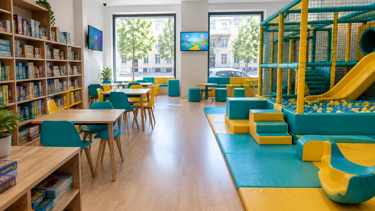 Vista geral da sala com estantes de jogos, mesas e a estrutura de soft-play junto às janelas